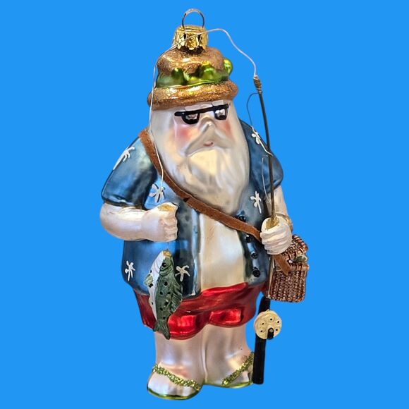 Vacation Hippie Flip Flop Fishing Rod Tiki Santa Claus 5" Blown Glass Ornament - Picture 1 of 12
